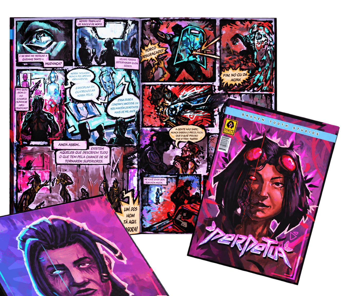 Preview of the printed Perpetua comic, showing its cover and illustrated pages