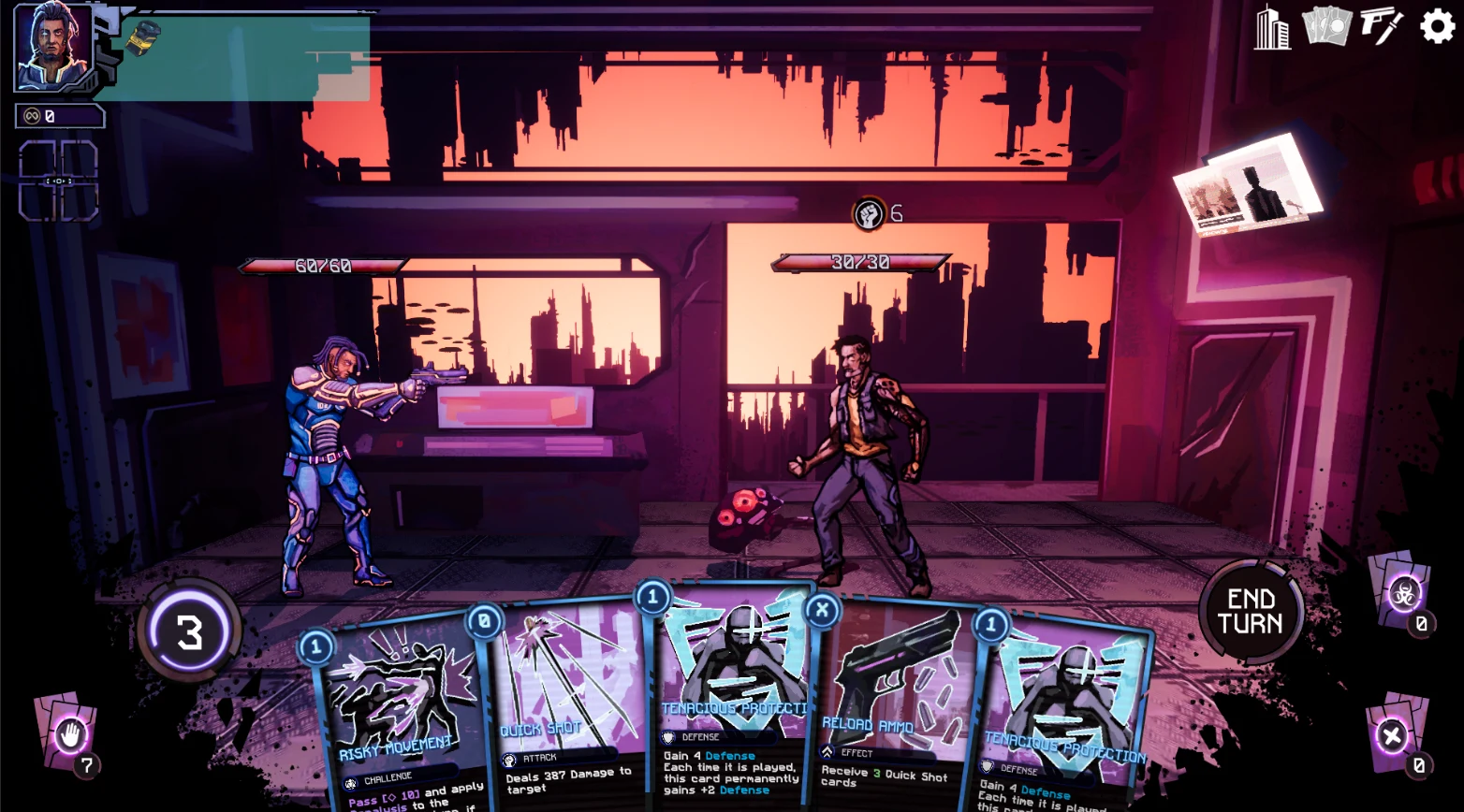 Card combat in Perpetua with the city in the background
